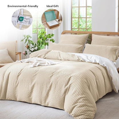 MILDLY Jacquard Stripe Duvet Cover - 100% Washed Cotton Khaki Boho Textured Comforter Cover Set with Zipper Closure 104"x90"