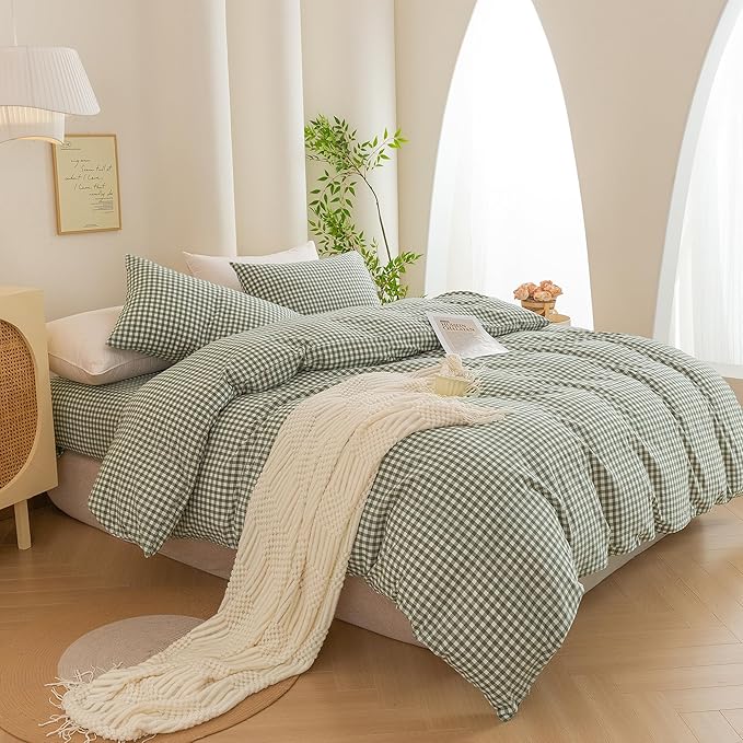 ECOCOTT Green Gingham Duvet Cover King Size 100% Washed Cotton Like Linen Feel Super Soft & Comfy Bedding Set Modern Checkered Design for All Seasons