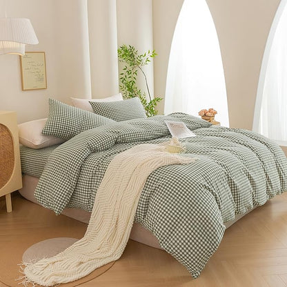 ECOCOTT Green Gingham Duvet Cover Queen Size 100% Washed Cotton Like Linen Feel Super Soft & Comfy Bedding Set Modern Checkered Design for All Seasons