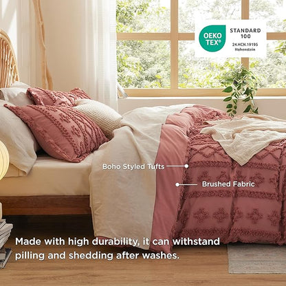 Bedsure Boho Duvet Cover King Size, Soft & Comfortable Elegant Design Boho Bedding for Decoration, Machine Washable Comforter Cover for All Seasons,Includes 1 Duvet Cover & 2 Pillow Shams,Pink