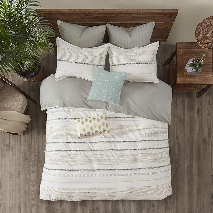 INK+IVY Nea 100% Cotton Duvet Set Mid Century Modern Design, All Season Comforter Cover Bedding Set, Matching Shams, Full/Queen, Stripes Teasel Ivory 3 Piece