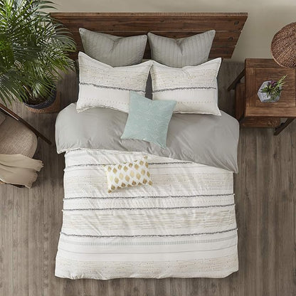 INK+IVY Nea 100% Cotton Duvet Set Mid Century Modern Design, All Season Comforter Cover Bedding Set, Matching Shams, Full/Queen, Stripes Teasel Ivory 3 Piece