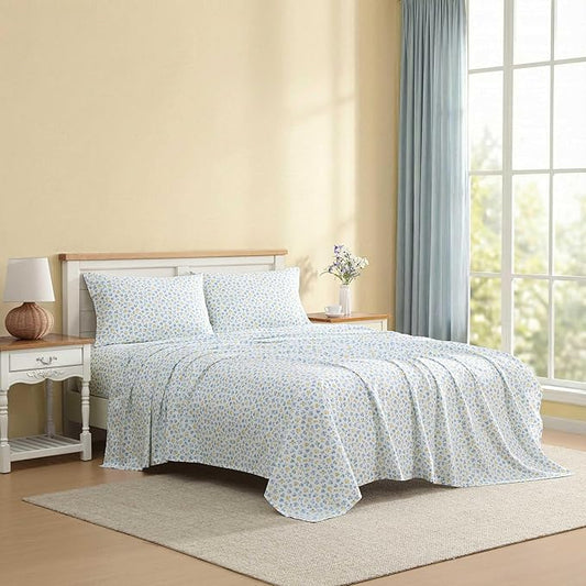 Laura Ashley - Twin XL Sheet Set, Crisp & Cool Cotton Percale Bedding for Year Round Comfort, Deep Pocket, Bed Sheets with Matching Pillowcase (Ditsy Doodle Blue)