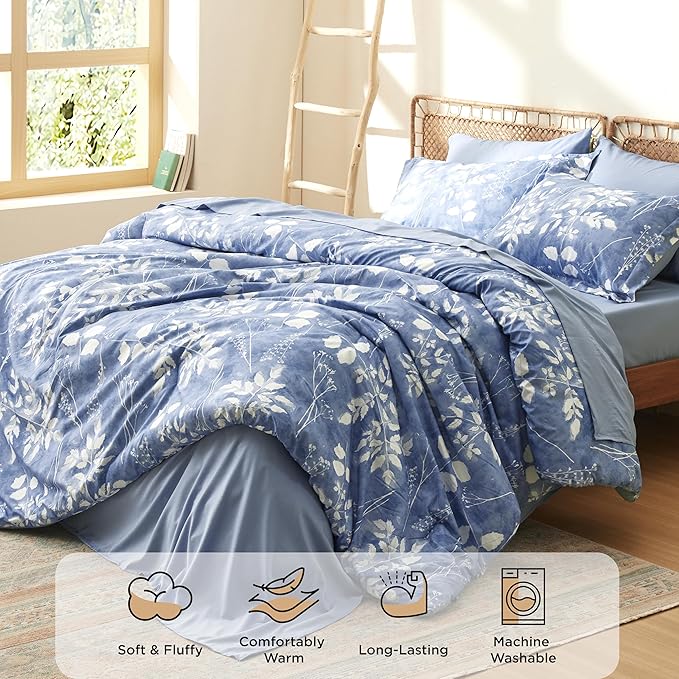 Bedsure Full Size Comforter Set - 7 Pieces Floral Blue Soft Bedding Sets, Full Bed in a Bag with Botanical Flowers Comforter, Sheets, Pillowcases & Shams