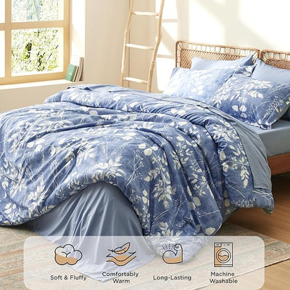 Bedsure Queen Comforter Set - 7 Pieces Floral Blue Soft Bedding Sets, Queen Bed in a Bag with Botanical Flowers Comforter, Sheets, Pillowcases & Shams