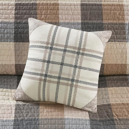 Madison Park Reversible Quilt Cabin Lifestyle Plaid Design - All Season, Breathable Coverlet Bedspread Bedding Set, Matching Shams, Full/Queen(90"x90"), Neutral 6 Piece