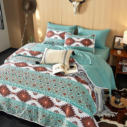 Wake In Cloud - Western Quilt Set, Southwestern Aztec Country Style with Rustic Ranch Vibe, Reversible Lightweight Bedspread Coverlet, 3 Pieces, Turquoise Brown, King Size