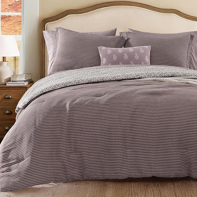 Full Comforter Set - 7 Pieces Deep Purple Gauze Muslin Bedding Sets for All Seasons, Lightweight Breathable Bed in a Bag Full with Revesible Farmhouse Comforter, Sheets, Pillowcases & Shams