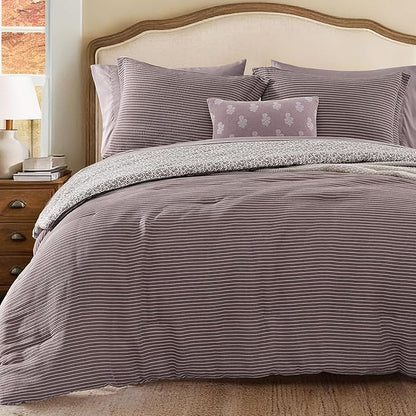 Queen Comforter Set - 7 Pieces Deep Purple Gauze Muslin Bedding Sets for All Seasons, Lightweight Breathable Bed in a Bag Queen with Revesible Farmhouse Comforter, Sheets, Pillowcases & Shams
