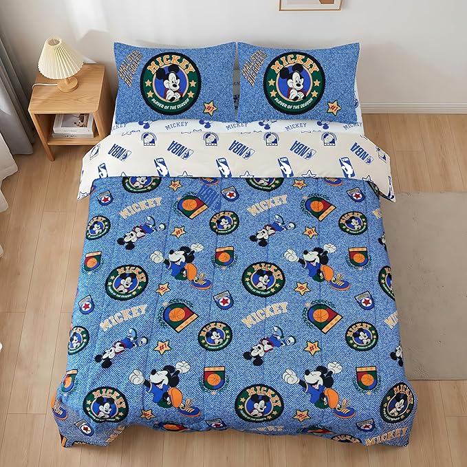 Northwest Disney Mickey Mouse Full Size Comforter Set, 5 Piece Reversible Design Ultra Soft Fade Resistant Microfiber Kids Bedding Set, Officially Licensed