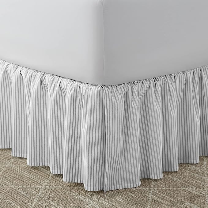 Laura Ashley Home - Cotton Ruffled Bedskirt, Lightweight & Classic Style (Ticking Stripe Grey, Queen)