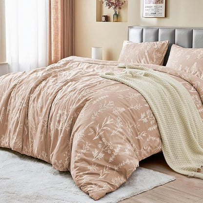 MUXHOMO Duvet Cover King Size, Reversible Floral Rosy Gold Duvet Cover Set with Zipper Closure, 3 Pieces Botanical Patterns Soft Microfiber Bedding Set (90"x104", 2 Pillow Cases 20"×36")