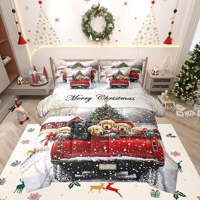 Farmhouse Christmas Dog Comforter Set 7 Pieces,Red Christmas Trees Truck Bed Set,Rustic Style Bedding Bed in a Bag,Queen (1 Comforter,2 Pillowcase,2 Pillow Covers,1 Flat Sheet,1 Fitted Sheet)