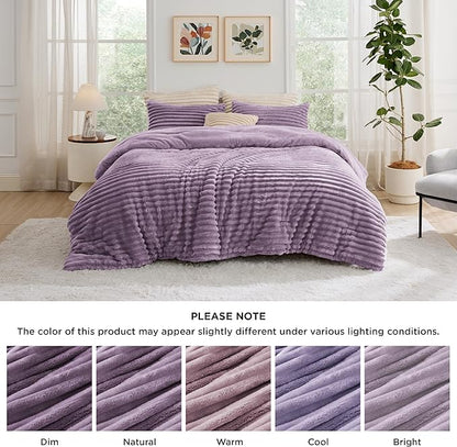 Bedsure King Comforter - GentleSoft™ 3 Pieces Double-Side Fleece Fluffy Lavender Comforter Set, Cozy Striped Room Decor Aesthetic, Luxury King Size Bedding with 2 Pillowcases, 104x90 Inches
