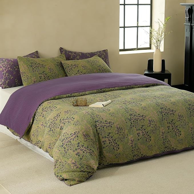 BISELINA 100% Cotton Muslin Duvet Cover Set King, 3 Pcs Yarn-Dyed Jacquard Textured Reversible Floral Design, Soft and Breathable Bedding Set with Zipper Closure, Green Purple
