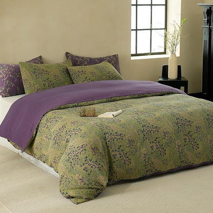 BISELINA 100% Cotton Muslin Duvet Cover Set Queen, 3 Pcs Yarn-Dyed Jacquard Textured Reversible Floral Design, Soft and Breathable Bedding Set with Zipper Closure, Green Purple