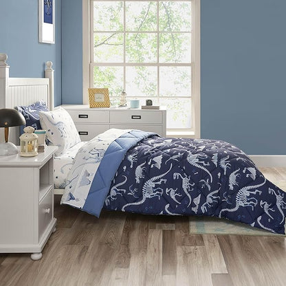 Blue Dinosaur Queen Comforter Set for Boys, 7 Pieces Kids Bedroom Bedding with Sheets and Pillowcase, Super Soft Lightweight for All Season, Machine Washable