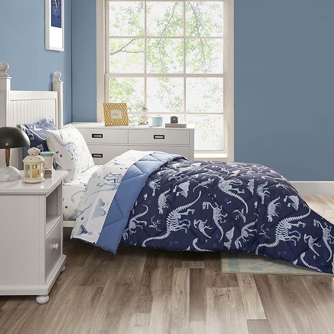 Blue Dinosaur Twin Comforter Set for Boys, 5 Pieces Kids Bedroom Bedding with Sheets and Pillowcase, Super Soft Lightweight for All Season, Machine Washable