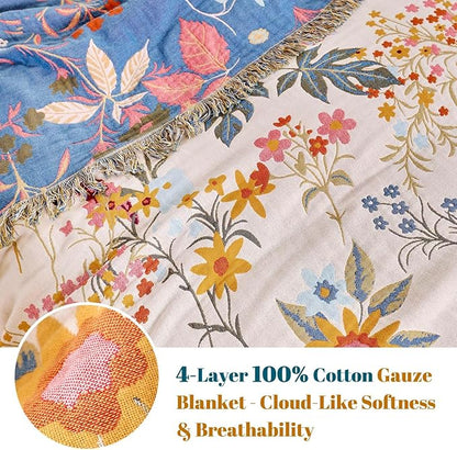 MSGKV Boho Throw Blanket for Bed 60"x80" Cotton Floral Twin Size Blanket Lightweight Farmhouse Muslin Spring Breathable Couch Blankets Home Decor All Seasons