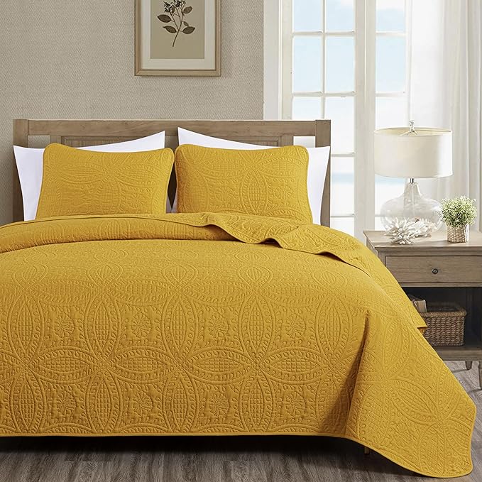 Chezmoi Collection Austin Queen Bedspread Set 3-Piece Pinsonic Quilted Oversized Bedspread Coverlet Set, Queen, Mustard | Oversized, Lightweight, Fade Resistant