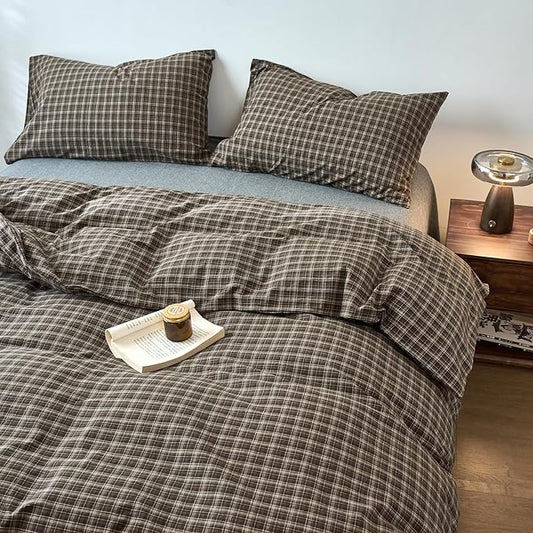 Plaid Twin XL Duvet Covers Brown Washed Cotton Twin XL Comforter Cover Soft Boho Pattern Taupe Duvet Cover Set with 2 Pillow Cases Checkered Zipper Bedding Set Farmhouse Duvet Protector