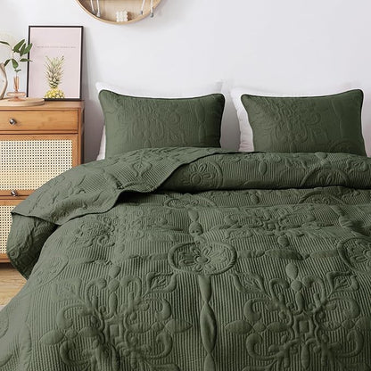 Damask Quilt King Size Bedding Sets with 2 Pillow Shams, Boho Bedspread Lightweight Soft Farmhouse Vintage Bohemian Coverlet Retro Jacquard Pattern Bed Cover for All Season, 3 Pieces, Moss Green