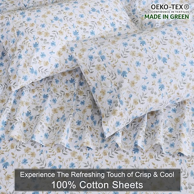 ZOYER 100% Cotton Sheets – Split King Size Percale Bedding, Cooling & Breathable, Durable with a Crisp, Soft & Comfortable Feel, 16" Deep Pocket, 5-Piece Set, Country Coast