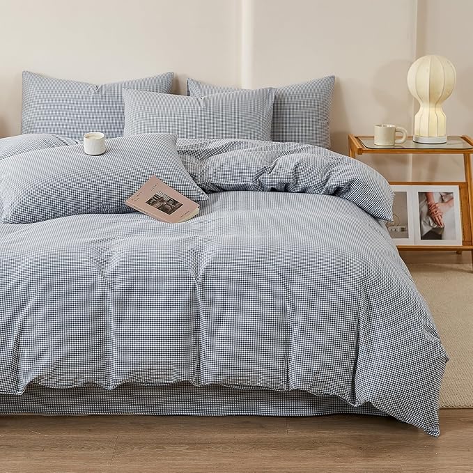 EAVD Modern Style Gingham Duvet Cover Queen Soft 100% Washed Cotton Blue and White Plaid Duvet Cover Set with 2 Pillowcases Reversible Farmhouse Geometric Checkered Bedding Set with Zipper