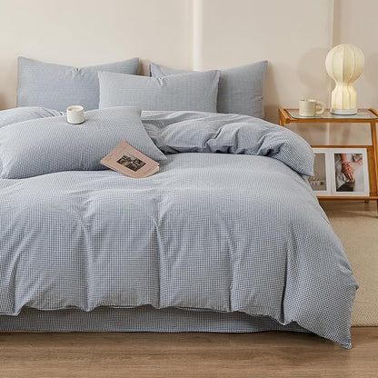 EAVD Modern Style Gingham Duvet Cover Queen Soft 100% Washed Cotton Blue and White Plaid Duvet Cover Set with 2 Pillowcases Reversible Farmhouse Geometric Checkered Bedding Set with Zipper