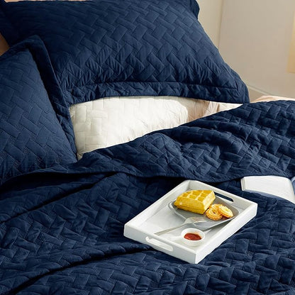 Bedsure Quilts King Size - Lightweight Bedspreads King Size with Basket Weave Pattern, Soft Quilt Bedding Set, Navy Comforter Set Coverlet for All Seasons with 2 Pillow Shams (106" x 96") | Skin-Friendly Soft, All-Season Comfort, Breathable, Lightweigh...