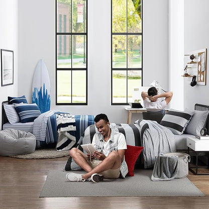 Nautica - Queen Size Sheet Set, Crisp & Tailored Cooling Sheets with a Smooth Cotton Percale Lightweight Feel - Bed Sheets with Matching Pillowcases & Fitted Sheet (Coleridge Stripe Charcoal)