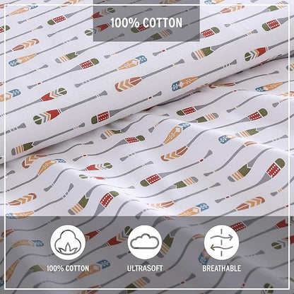 Eddie Bauer - Full Sheets, Cotton Percale Bedding Set, Crisp & Cool Home Decor, Dorm Room Essentials (Canoe Lake Paddle White, Full)