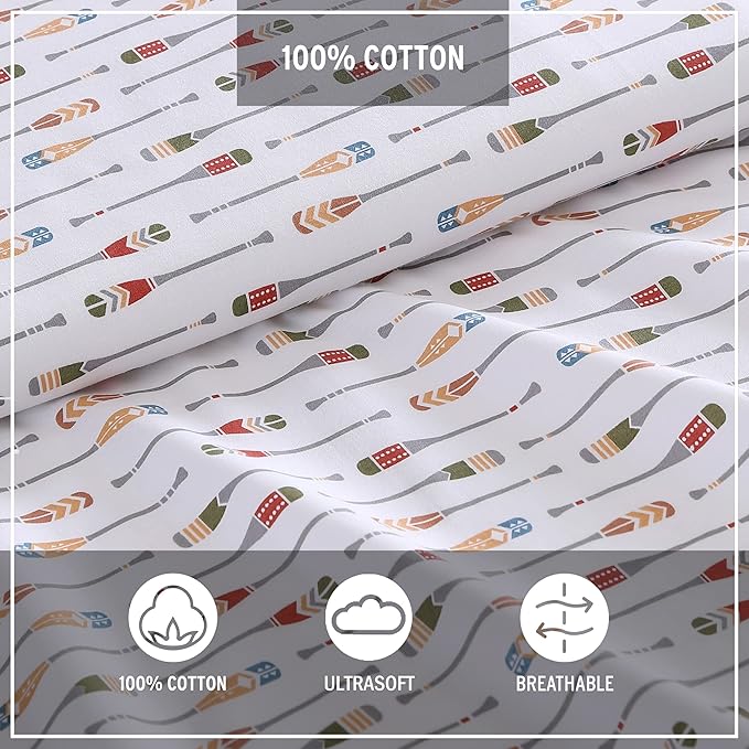 Eddie Bauer - Queen Sheets, Cotton Percale Bedding Set, Crisp & Cool Home Decor (Canoe Lake Paddle, Queen)