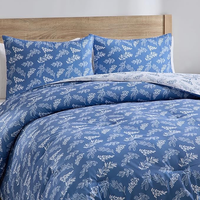 Nestl Queen Comforter Set - Slate Blue Bed in a Bag Queen Size, 3 Pieces Reversible Bed Set, Soft Floral Bedding Set, All Season Botanical Comforters with Pillow Shams