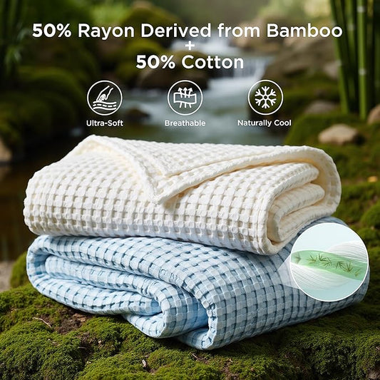 Bedsure Cooling Cotton Waffle Weave Throw Blanket - Lightweight Breathable Blanket of Rayon Derived from Bamboo for Hot Sleepers, Luxury Throws for Bed, Couch and Sofa, Light Blue, 50x70 Inches
