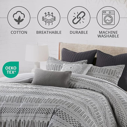 INK+IVY Luxurious Cotton-Bedding Set - Mid Century Trendy Geometric Design, All Season Cozy-Cover With Matching-Shams, King/Cal King, Rhea Jacquard Grey/Black
