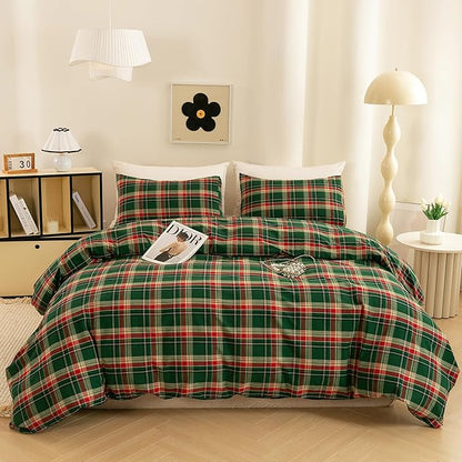 ECOCOTT Buffalo Plaid Duvet Cover King Size– 3 Piece Green Checkered Bedding Set, 100% Washed Cotton, Soft Breathable Reversible Design with Zipper Closure & Corner Ties