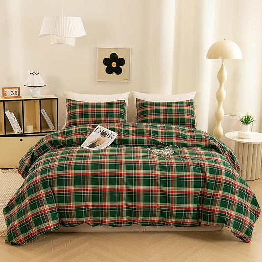 ECOCOTT Buffalo Plaid Duvet Cover Queen Size– 3 Piece Green Checkered Bedding Set, 100% Washed Cotton, Soft Breathable Reversible Design with Zipper Closure & Corner Ties