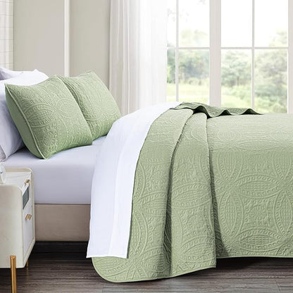 Chezmoi Collection Austin 3-piece Oversized Bedspread Coverlet Set (Queen, Sage) | Oversized, Lightweight, Fade Resistant