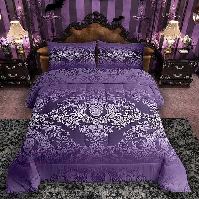 Feelyou Adults Purple Vintage Damask Floral Comforter Set Oriental Antique Comforter Full Size Gothic Bohemia Boho Bedding Set Exotic Sugar Skull Duvet Set Quilt Set 3Pcs