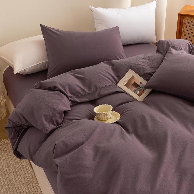 ECOCOTT Lilac Purple Duvet Cover King Size, 100% Washed Cotton 3 Piece Bedding Set 1 Duvet Cover with Zipper and 2 Pillowcases, Ultra Soft and Easy Care Breathable Duvet Cover Set ((Lilac Purple,King)