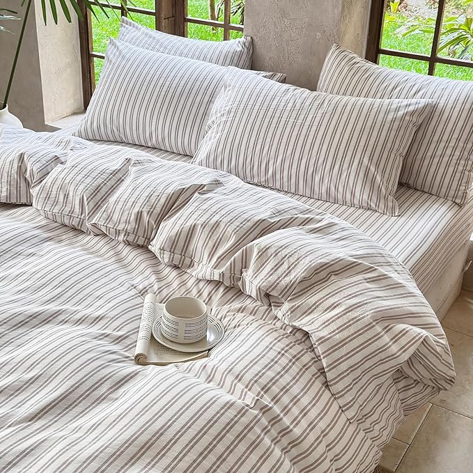 Striped Duvet Cover Set 100% Washed Cotton Linen Like Soft Feelling Breathable Bedding(Light Yellow/White Strip,King)