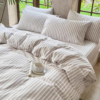 Striped Duvet Cover Set 100% Washed Cotton Linen Like Soft Feelling Breathable Bedding(Light Yellow/White Strip,King)