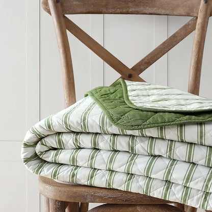 Martha Stewart - King Quilt Set, 100% Soft & Breathable Bedding with a Lightweight Feel for Year Round Comfort, 3 Piece Bed Set with Matching Pillowcases (Ticking Stripe Green)