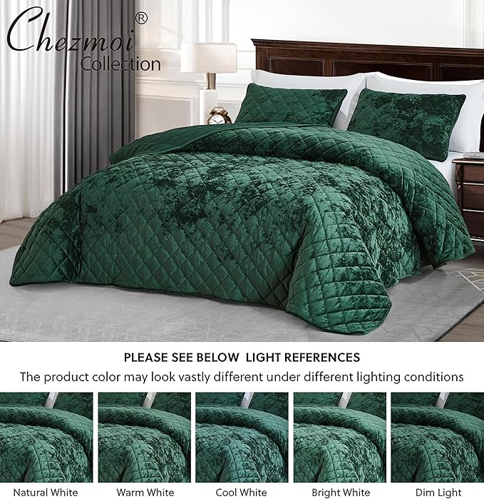 Chezmoi Collection Lux Forest Green Velvet Quilt King Set, 3-Piece Plush Distressed Velvet Bedding All Season Lightweight Comforter Brushed Microfiber Reverse with Diamond Stitch Quilting