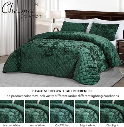 Chezmoi Collection Lux Forest Green Velvet Quilt King Set, 3-Piece Plush Distressed Velvet Bedding All Season Lightweight Comforter Brushed Microfiber Reverse with Diamond Stitch Quilting