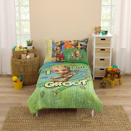 NoJo Marvel Guardians of The Galaxy I Am Groot Green and Blue 4 Piece Toddler Bed Set - Comforter, Fitted Bottom Sheet, Flat Top Sheet, and Reversible Pillowcase