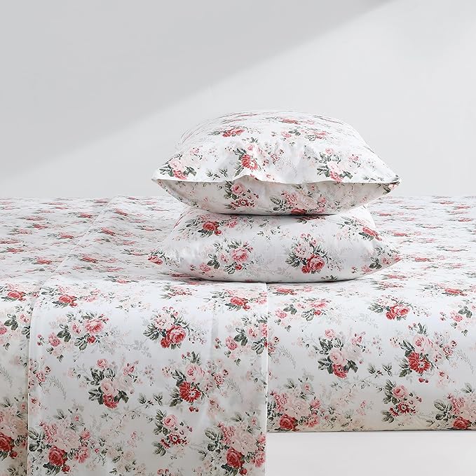 Laura Ashley - Full Sheets, Cotton Percale Bedding Set, Lightweight & Breathable Home Decor (Ashfield Pink, Full)