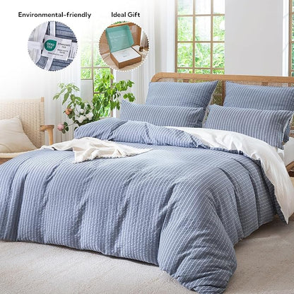 MILDLY Jacquard Stripe Duvet Cover - 100% Washed Cotton Blue Boho Textured Comforter Cover Set with Zipper Closure 90"x90"