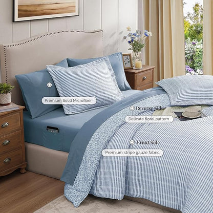 Full Comforter Set - 7 Pieces Blue Gauze Muslin Bedding Sets for All Seasons, Lightweight Breathable Bed in a Bag Full with Revesible Farmhouse Comforter, Sheets, Pillowcases & Shams